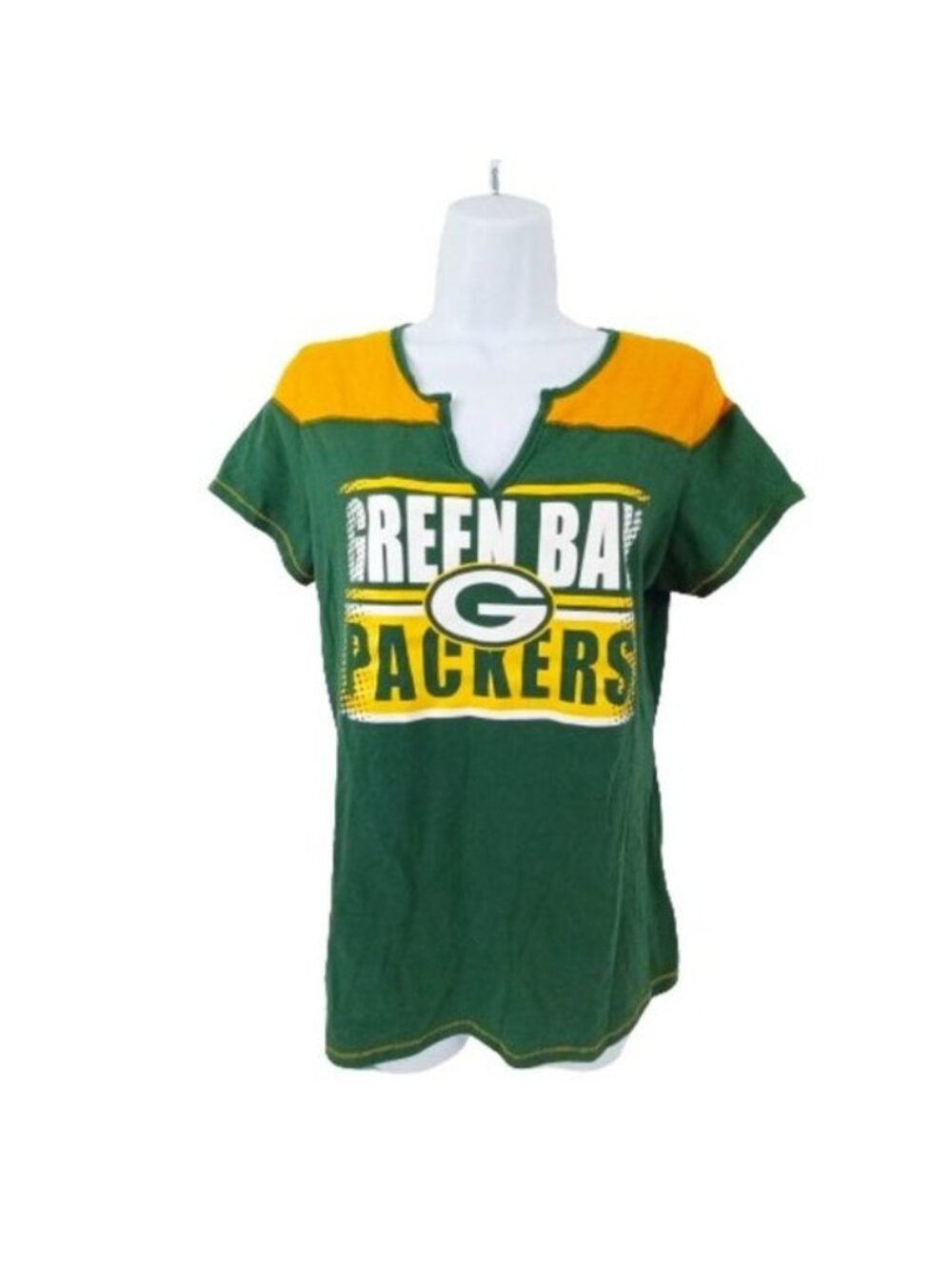 Green Bay Packers Tee Shirt Jersey  Women's L Green & Yellow Short Sleeve V Neck